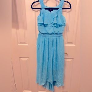 FINAL PRICE -IZ Byer Girl size 14 girls turquoise gauze fabric hi lo dress